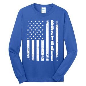 Softball American Flag Usa Sport Patriotic Softball Player Funny Gift Tall Long Sleeve T-Shirt