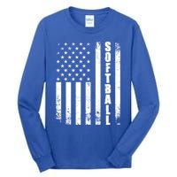 Softball American Flag Usa Sport Patriotic Softball Player Funny Gift Tall Long Sleeve T-Shirt