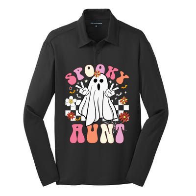 Spooky Aunt Floral Ghost Hippie Halloween Spooky Family Silk Touch Performance Long Sleeve Polo