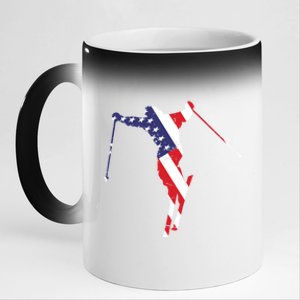 Skiing American Flag Skiing Lover Gift For Skier 11oz Black Color Changing Mug