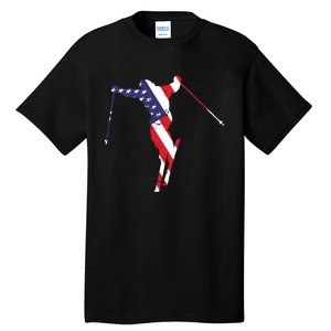 Skiing American Flag Skiing Lover Gift For Skier Tall T-Shirt