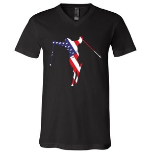 Skiing American Flag Skiing Lover Gift For Skier V-Neck T-Shirt