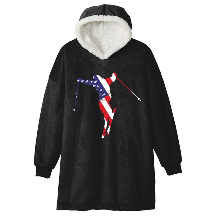 Skiing American Flag Skiing Lover Gift For Skier Hooded Wearable Blanket