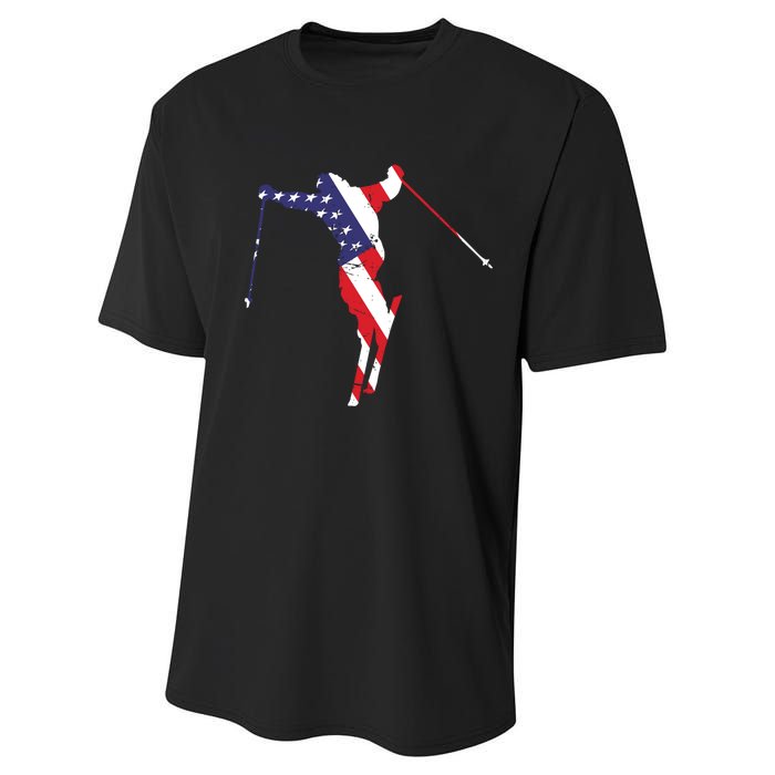 Skiing American Flag Skiing Lover Gift For Skier Performance Sprint T-Shirt