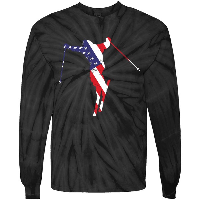 Skiing American Flag Skiing Lover Gift For Skier Tie-Dye Long Sleeve Shirt