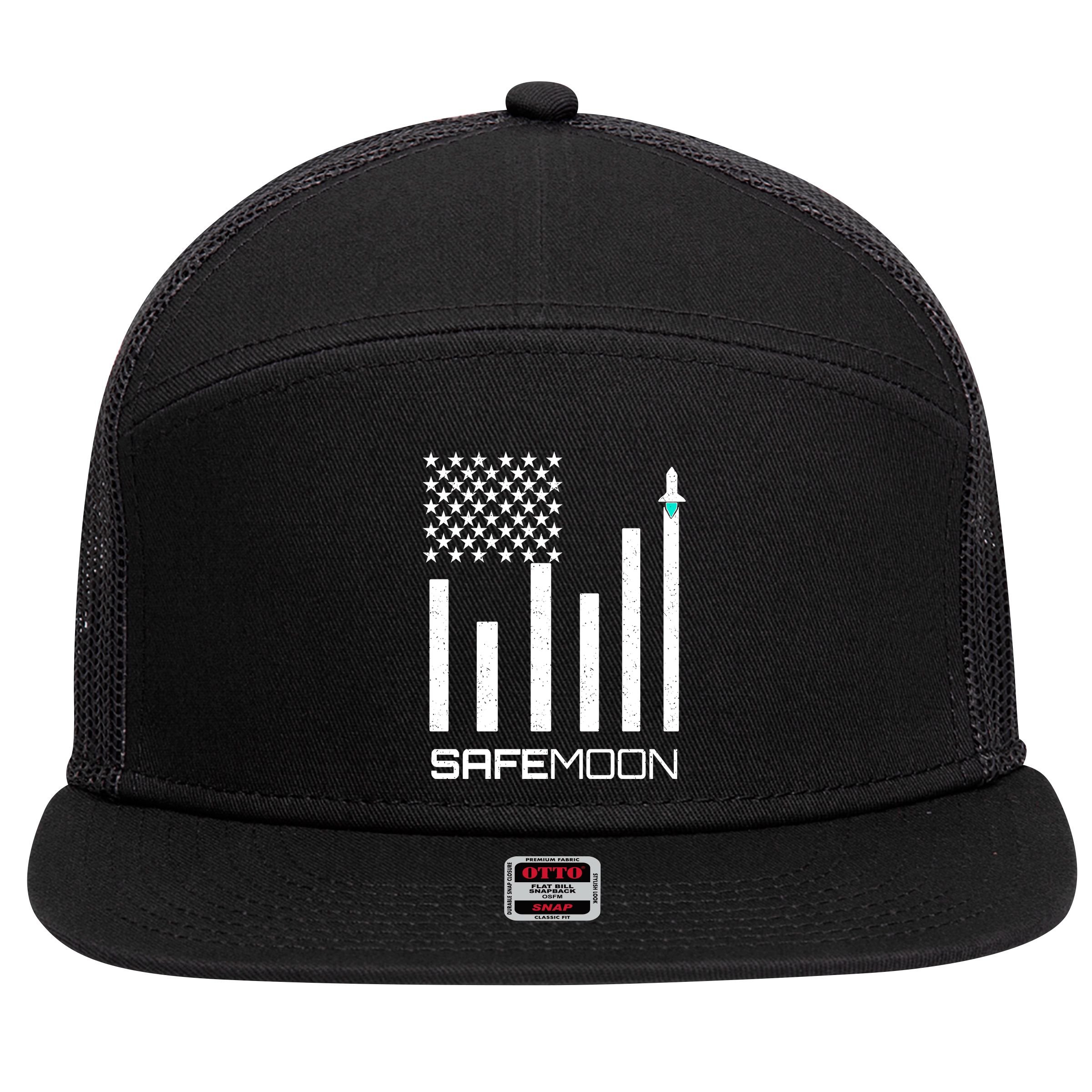 Safemoon To The Moon Crypto Blockchain Flag 7 Panel Mesh Trucker Snapback Hat