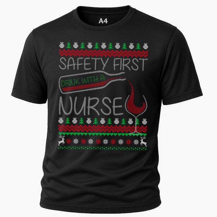 Safety First Drink With A Nurse Ugly Sweater Cooling Performance Crew T-Shirt