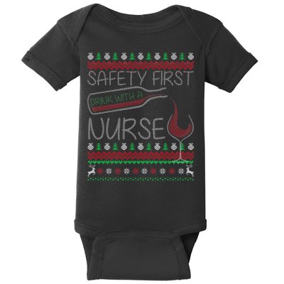 Safety First Drink With A Nurse Ugly Sweater Baby Bodysuit