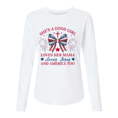 Shes A Good Girl Loves Her Mama Patriotic Bow Womens Cotton Relaxed Long Sleeve T-Shirt