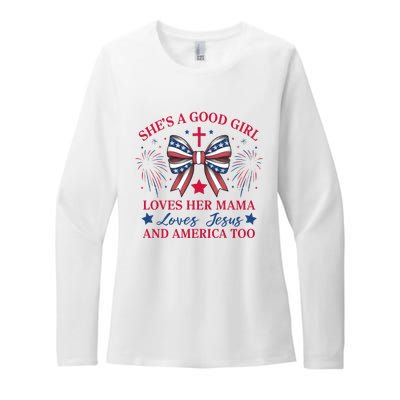 Shes A Good Girl Loves Her Mama Patriotic Bow Womens CVC Long Sleeve Shirt