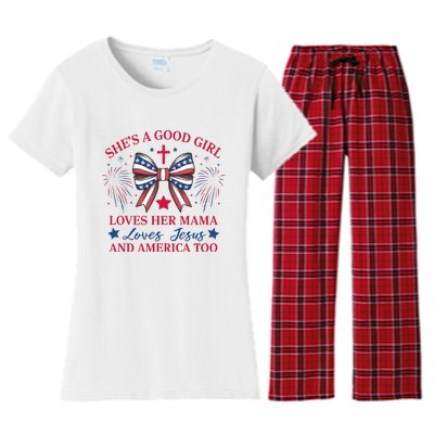 Shes A Good Girl Loves Her Mama Patriotic Bow Women's Flannel Pajama Set