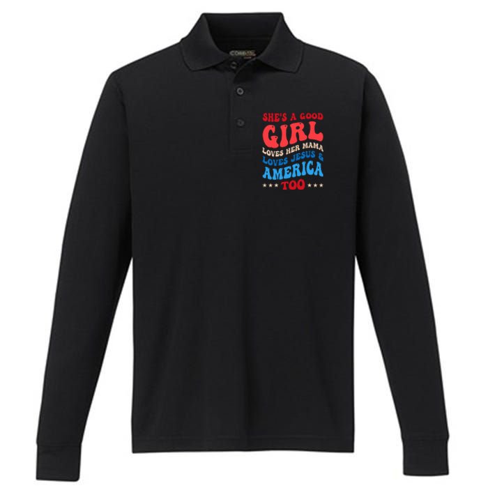 She's A Good Loves Her Mama Jesus & America Too Groovy Performance Long Sleeve Polo