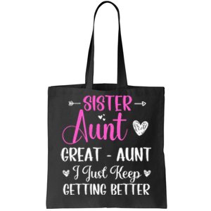 Sister aunt great aunt i just keep getting better new auntie Tote Bag