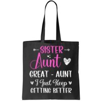 Sister aunt great aunt i just keep getting better new auntie Tote Bag