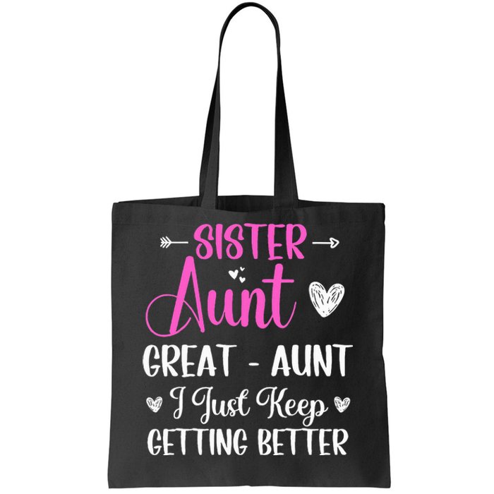 Sister aunt great aunt i just keep getting better new auntie Tote Bag