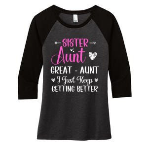 Sister aunt great aunt i just keep getting better new auntie Women's Tri-Blend 3/4-Sleeve Raglan Shirt