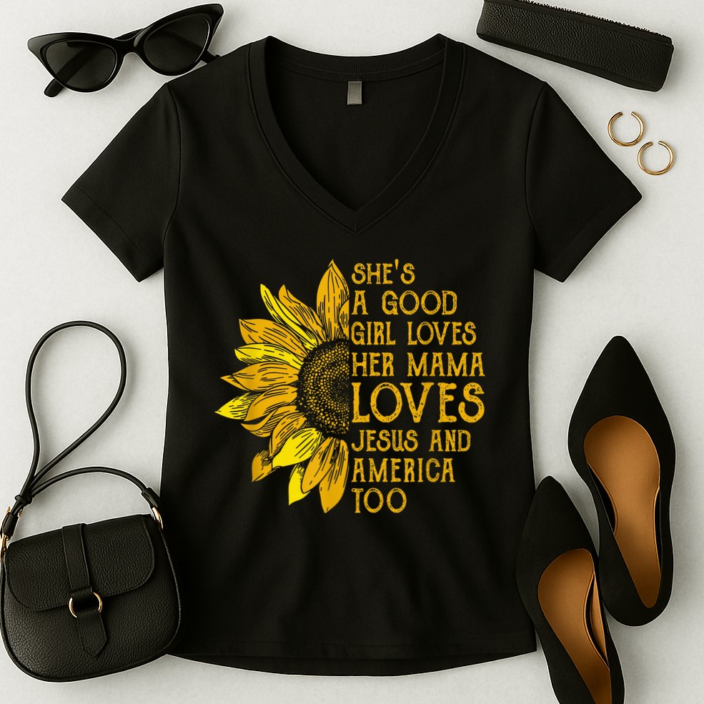 She's a good girl loves her mama jesus and america too US Women's V-Neck T-Shirt