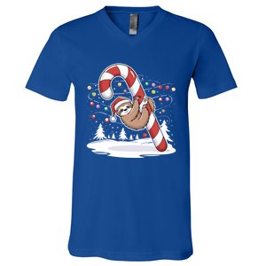 Sloth And Giant Candy Cane Christmas Pajama For Sloth Lovers Gift V-Neck T-Shirt