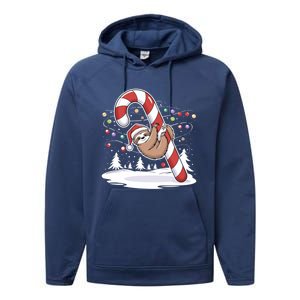 Sloth And Giant Candy Cane Christmas Pajama For Sloth Lovers Gift Performance Fleece Hoodie