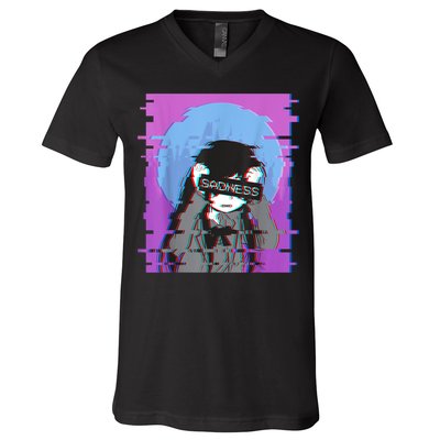 Sad Anime Girl Japanese Aesthetic Vaporwave Anime Otaku V-Neck T-Shirt