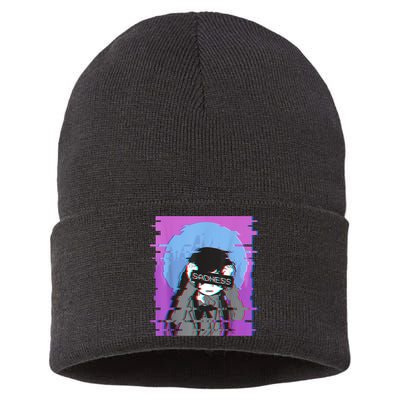 Sad Anime Girl Japanese Aesthetic Vaporwave Anime Otaku Sustainable Knit Beanie