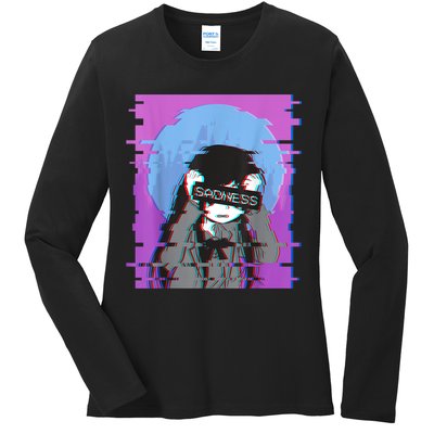 Sad Anime Girl Japanese Aesthetic Vaporwave Anime Otaku Ladies Long Sleeve Shirt