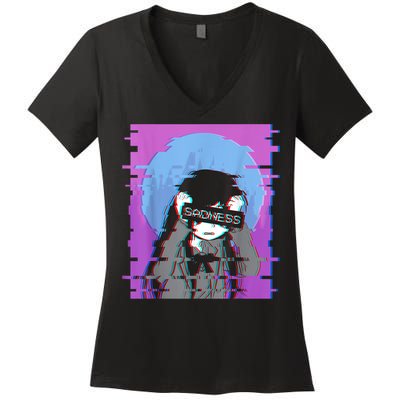 Sad Anime Girl Japanese Aesthetic Vaporwave Anime Otaku Women's V-Neck T-Shirt