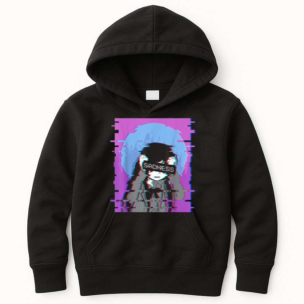 Sad Anime Girl Japanese Aesthetic Vaporwave Anime Otaku Kids Hoodie