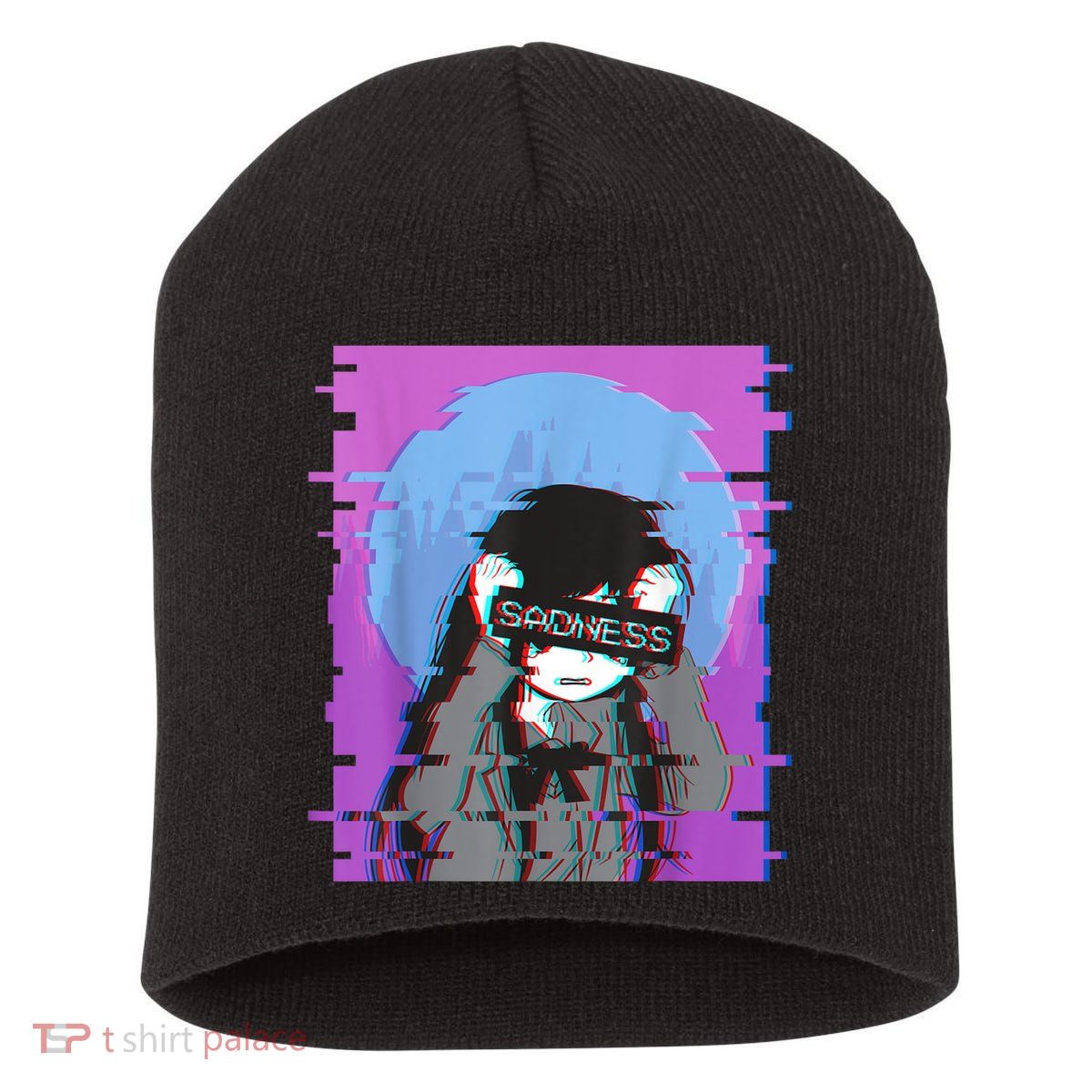 Sad Anime Girl Japanese Aesthetic Vaporwave Anime Otaku Short Acrylic Beanie