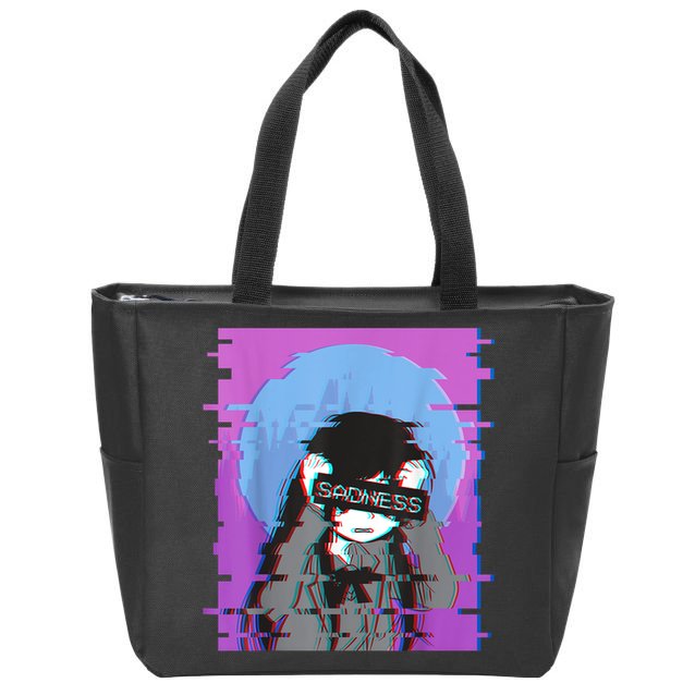 Sad Anime Girl Japanese Aesthetic Vaporwave Anime Otaku Zip Tote Bag