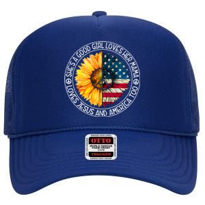 Shes A Good Loves Her Mama Jesus And America Sunflower High Crown Mesh Back Trucker Hat