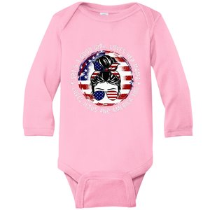 She's A Good Loves Her Mama Jesus America Too Messy Bun Baby Long Sleeve Bodysuit