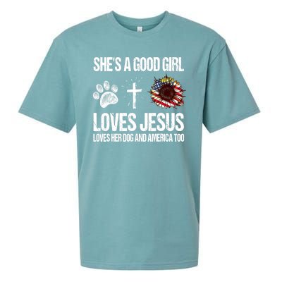 She's A Good Girl Loves Jesus Loves Her Dog And America Too Sueded Cloud Jersey T-Shirt