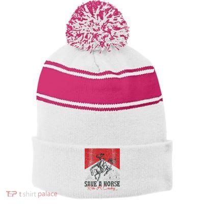Save A Horse Ride A Cowboy Vintage Country Western Stripe Pom Pom Beanie