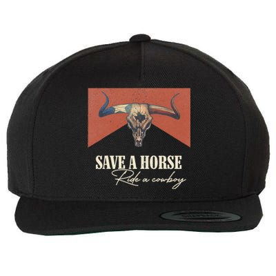 Save A Horse Ride A Cowboy Vintage Western Bull Skull Wool Snapback Cap