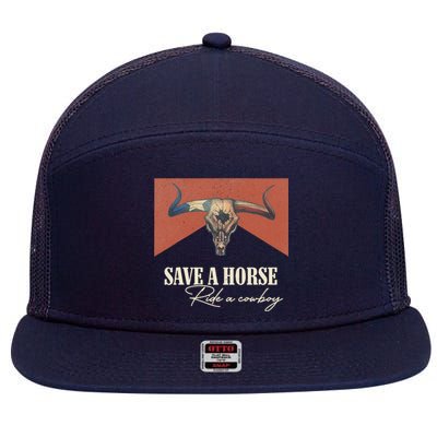 Save A Horse Ride A Cowboy Vintage Western Bull Skull 7 Panel Mesh Trucker Snapback Hat