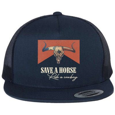 Save A Horse Ride A Cowboy Vintage Western Bull Skull Flat Bill Trucker Hat