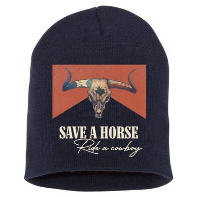 Save A Horse Ride A Cowboy Vintage Western Bull Skull Short Acrylic Beanie