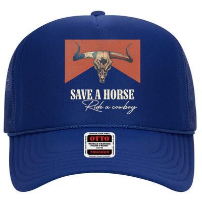 Save A Horse Ride A Cowboy Vintage Western Bull Skull High Crown Mesh Back Trucker Hat