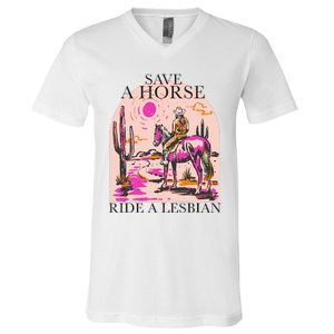 Save A Horse Ride A Lesbian Cowboy Lgbtq Western Retro V-Neck T-Shirt