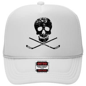 Skull And Hockey Stick Crossbones Hockey Skull High Crown Mesh Back Trucker Hat