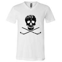 Skull And Hockey Stick Crossbones Hockey Skull V-Neck T-Shirt