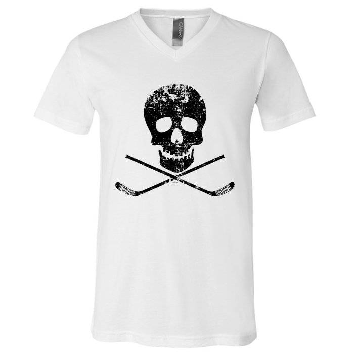 Skull And Hockey Stick Crossbones Hockey Skull V-Neck T-Shirt