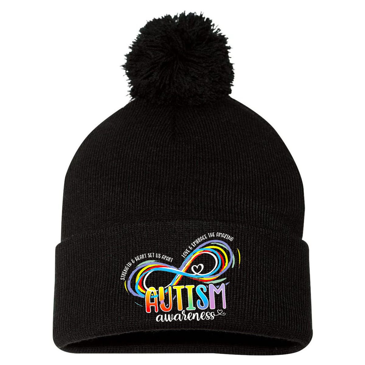 Strength And Heart Set Us Apart Autism acceptance Pom Pom 12in Knit Beanie