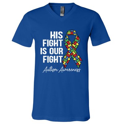 Support Autism His Fight Is Our Fight Autism Awareness Cool Gift V-Neck T-Shirt