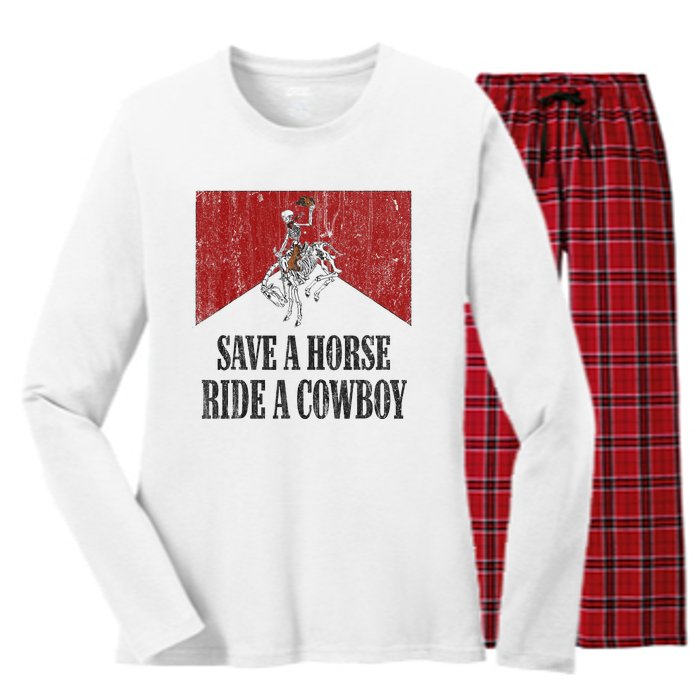 Save A Horse Ride A Cowboy Skeleton Western Country Women's Long Sleeve Flannel Pajama Set 