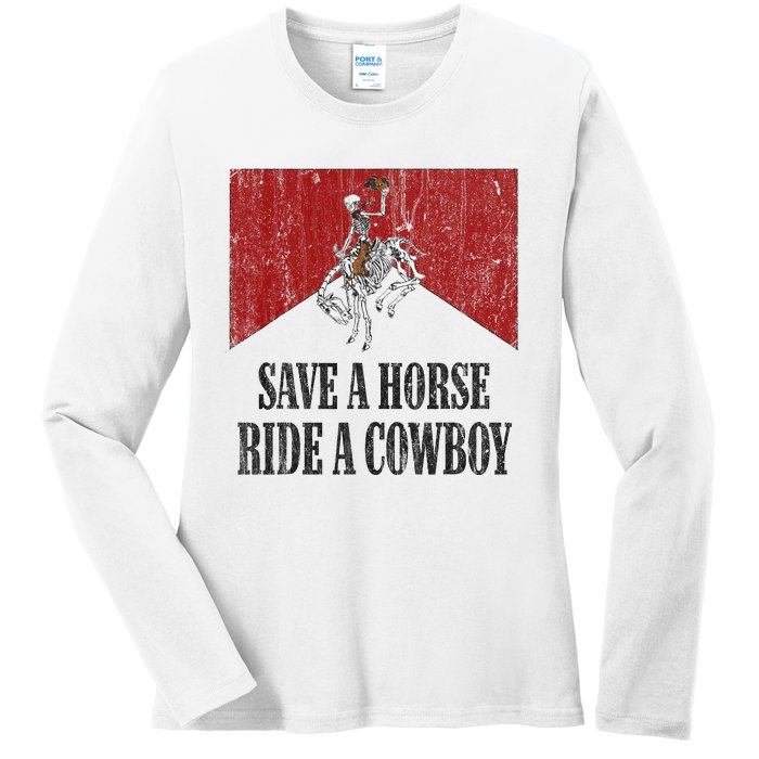 Save A Horse Ride A Cowboy Skeleton Western Country Ladies Long Sleeve Shirt