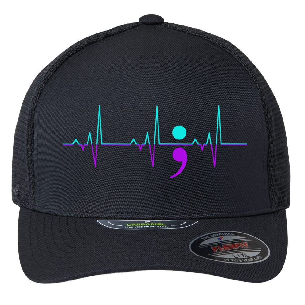 Suicide Awareness Heartbeat Happy Ribbon Support Graphic Gift Flexfit Unipanel Trucker Cap