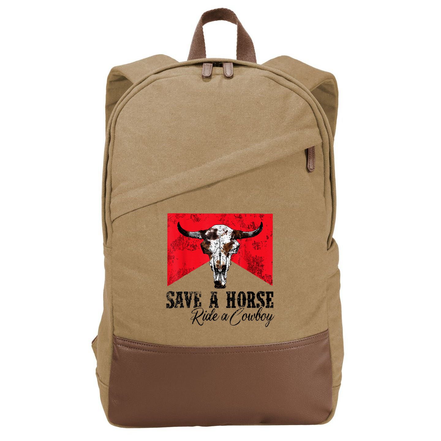 Save A Horse Ride A Cowboy Western Country Rodeo Bull Skull Cotton Canvas Backpack