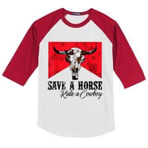 Save A Horse Ride A Cowboy Western Country Rodeo Bull Skull Kids Colorblock Raglan Jersey